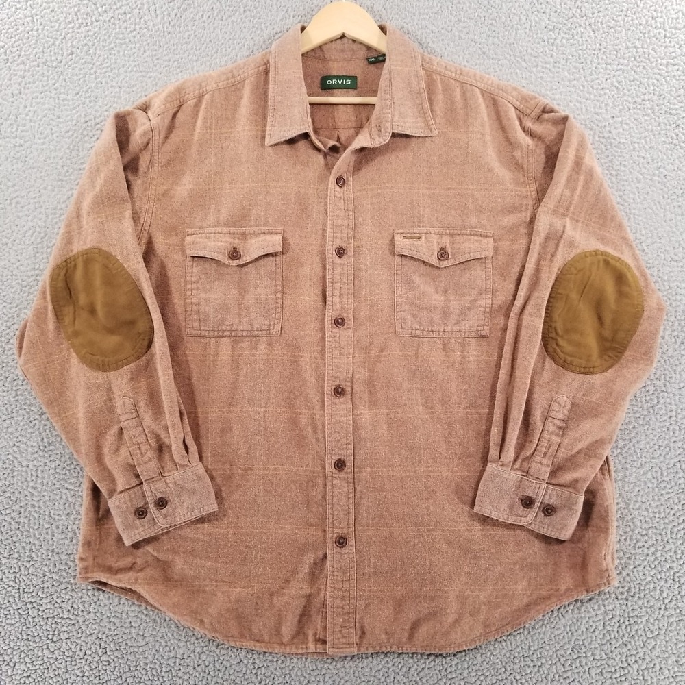 Orvis Shirt Mens 2XL Brown Fairbanks Flannel Windowpane Elbow Patch Outdoor
